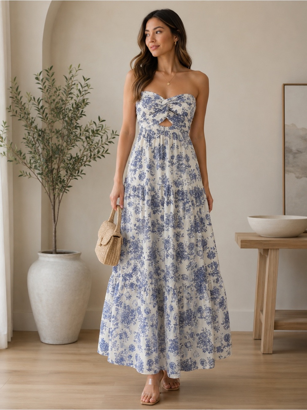 Strapless Blue Floral Maxi Dress - Cream & Blue